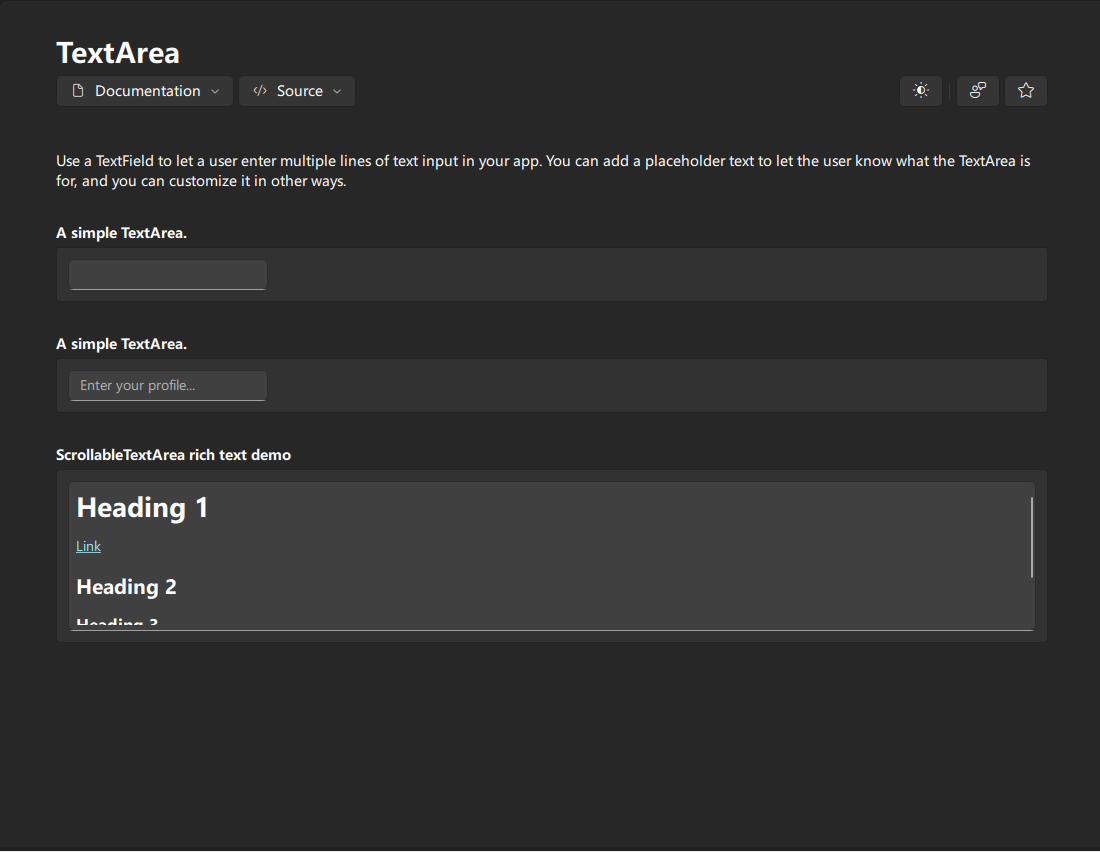 ScrollableTextArea examples in light and dark themes