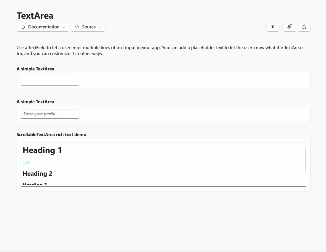 ScrollableTextArea examples in light and dark themes